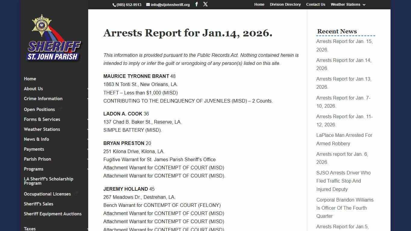 Arrests Report for Jan.14, 2026. | St. John Parish Sheriff's Office